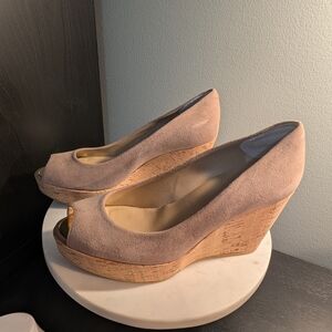 Stuart Weitzman Anna Taupe Suede Peep-Toe Cork Wedges 7.5M